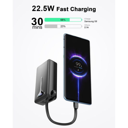 Portable Charger 10000mAh, Power Bank LED Display with 22.5W Fast Charging Battery Pack USB-C In&Out with Built in Cable Battery Bank, Powerbank for iPhone/Android/Samsung Laptop,Travel Essentials