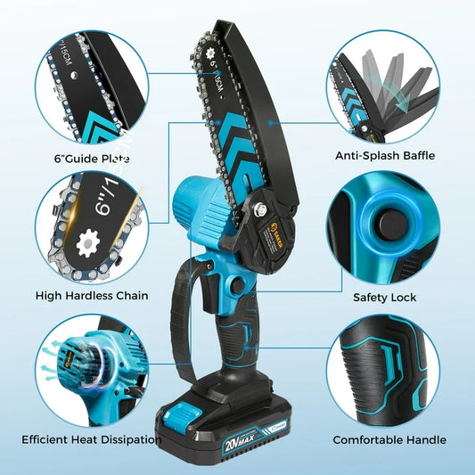 Saker 6 Mini Chainsaw, Cordless Electric Saw for Pruning, Garden Household, 2 1500mAh Batteries