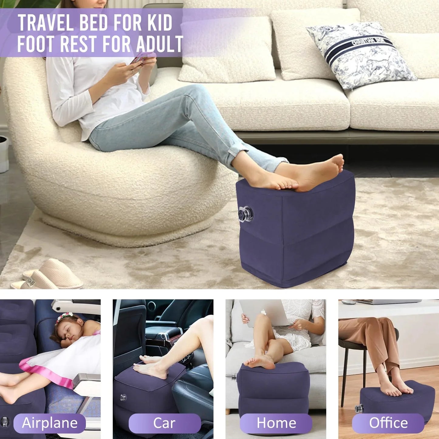 Arsvit Inflatable Foot Rest for Air Travel, Blow up Car Seat Foot Rest for Kids, Toddler Airplane Bed Seat Extender for Long Flight, Portable Plane Pillow