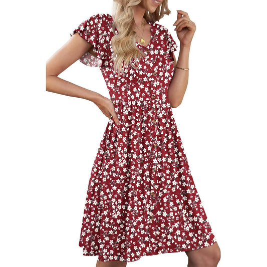 Fantaslook Women Summer Dresses V Neck Ruffle Sleeve Casual Flowy Sundresses Button Floral Midi Dress with Pockets