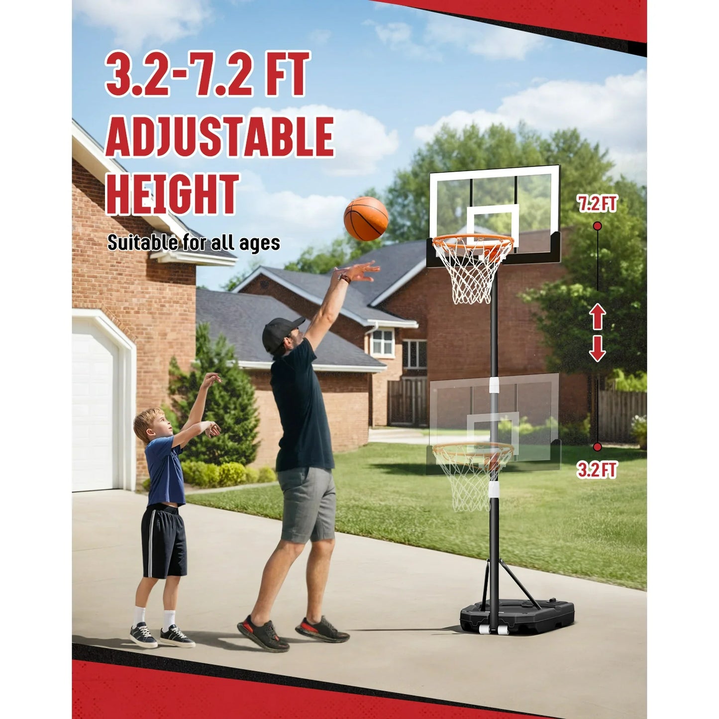 Seray Basketball Hoop with 3.2-7.2 feet Height Adjustable for Kids/Teens/Adults, Portable Basketball Goal with 29 inch Backboard and 2 Wheels for Outdoor/Indoor Sports