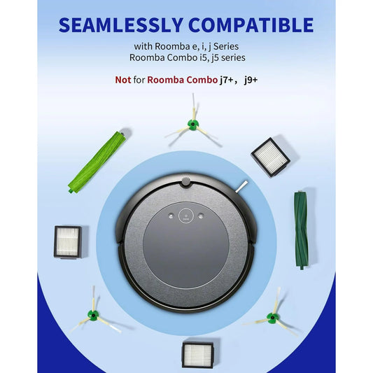 Replacement Parts and Accessories Kit Compatible for iRobot E, I J Series, Combo i5, j5 Series Robot Vacuum Cleaner, 1 Set Rubber Brushes 3 HEPA Filters 3 Edge Sweeping Brushes