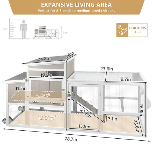 PETSCOSSET Chicken Coop with Run, Wooden Chicken House with Wheels Backyard Hen House Poultry Cage for 1-3 Chickens