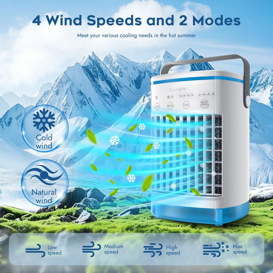 Uarter Portable Air Conditioners Cooling Fan Evaporative Cooler Desk Mini 4 Speed Misting Fan with 700ml Water Tank, 7 Color Ambient Light, Timing function, White