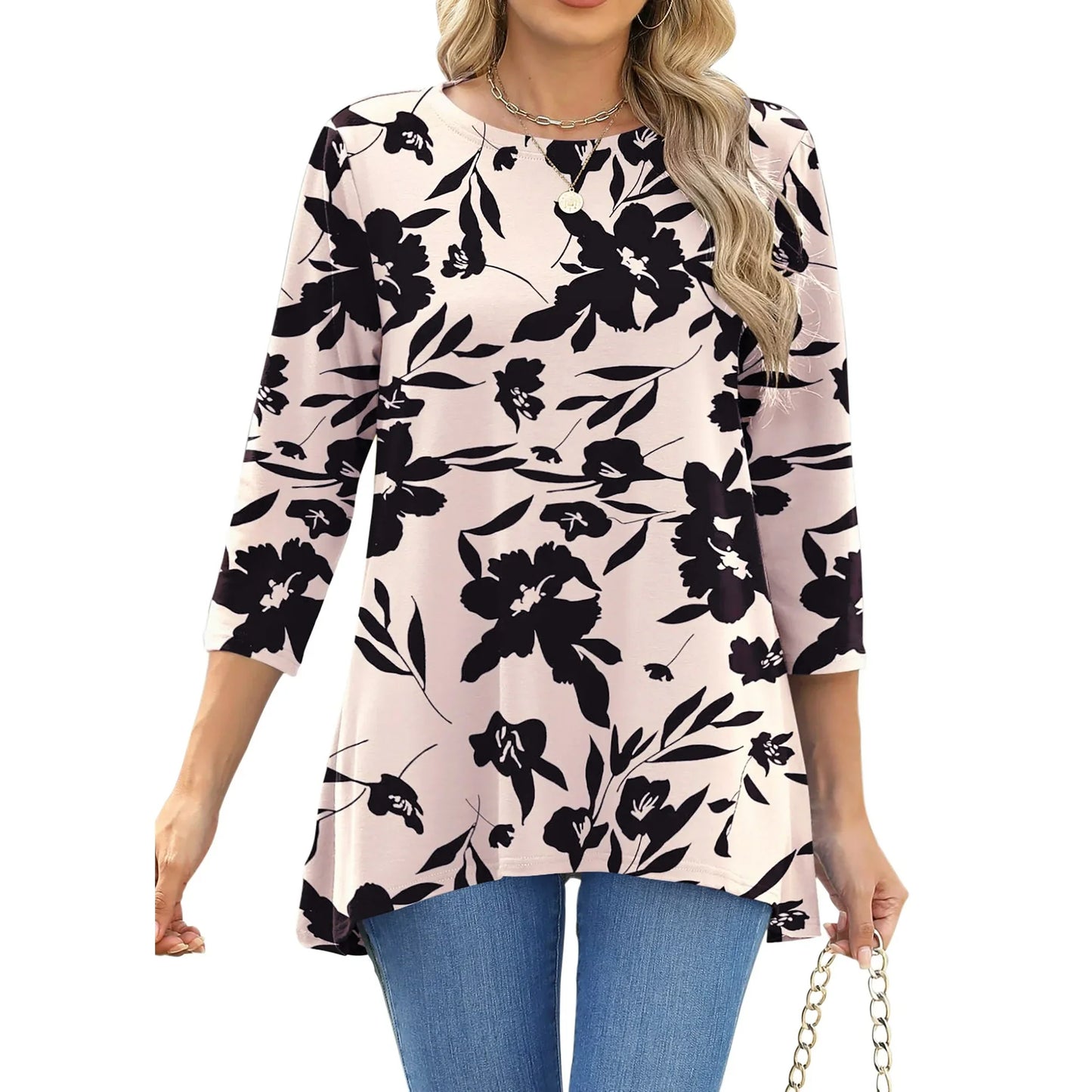 Fantaslook Plus Size Women Tunic Tops 3/4 Sleeve Dressy Casual Blouses Loose Flowy Floral Shirts