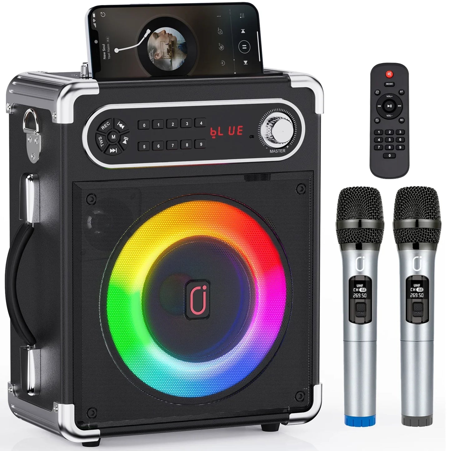 FanFun Bluetooth Speaker with Lights, 12H Playing Time Portable Speaker with Subwoofer/Tweeter, PA System Speaker with Two Wireless Microphones for Home Party, Black