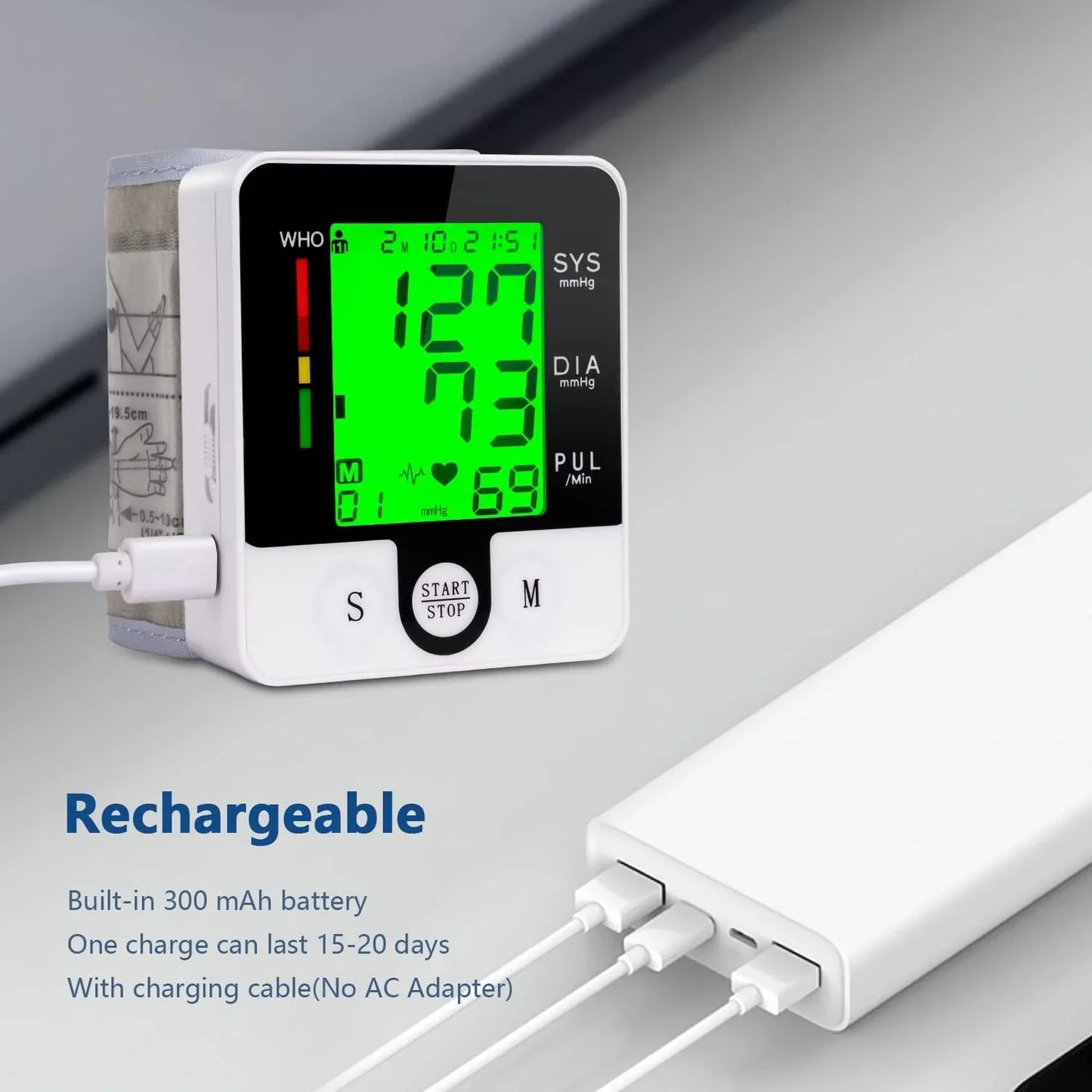 SUWU Wrist Blood Pressure Monitor, Talking Digital Automatic Blood Pressure Machine, Rechargeable Blood Pressure Cuff for Home Use, Adjustable Bp Cuff, Large 3 Color Backlit LCD Display