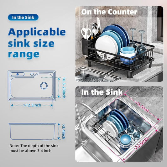 Dish Drying Rack, Space-Saving Dish Rack, Dish Racks for Kitchen Counter, Kitchen Dish Drainers with Removable Utensil Holder,Plate Rack and Drainboard, 11''W x 15''L, Black