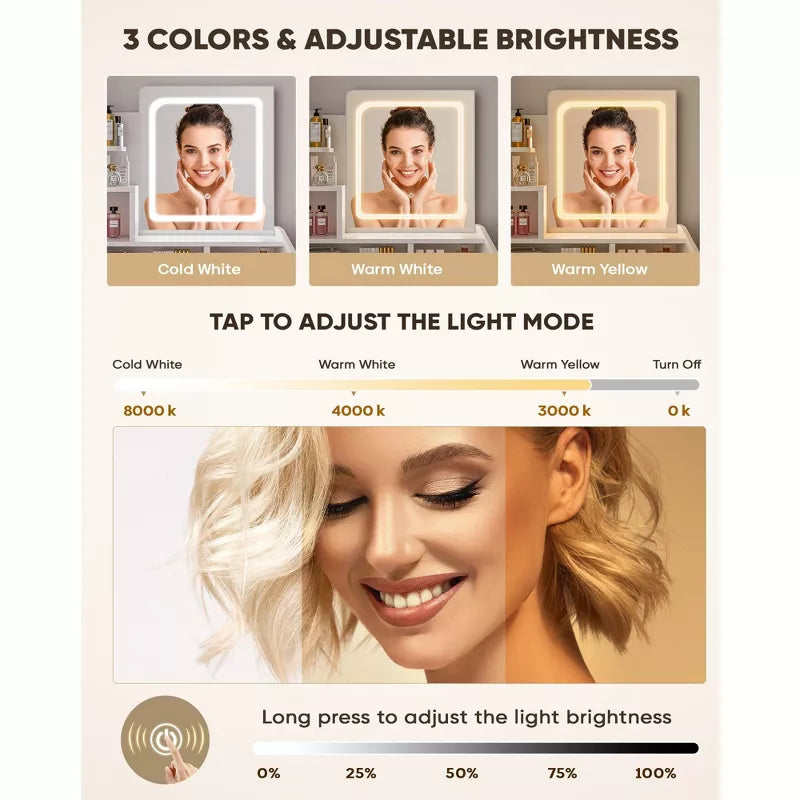 Vanity Desk Set with Square Mirror and Light Small Vanity Tale with Drawers