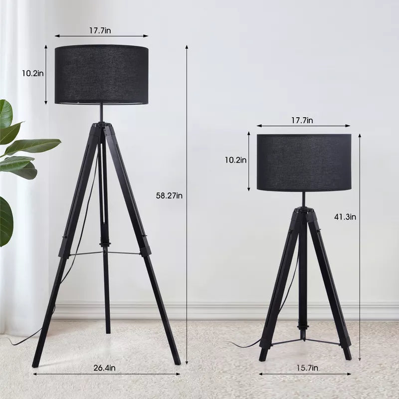 HBEZON 58 Tripod Floor Lamp, Height Adjustable Rubber Wood Standing Lamp with Foot Switch for Living Room, Bedroom, Office