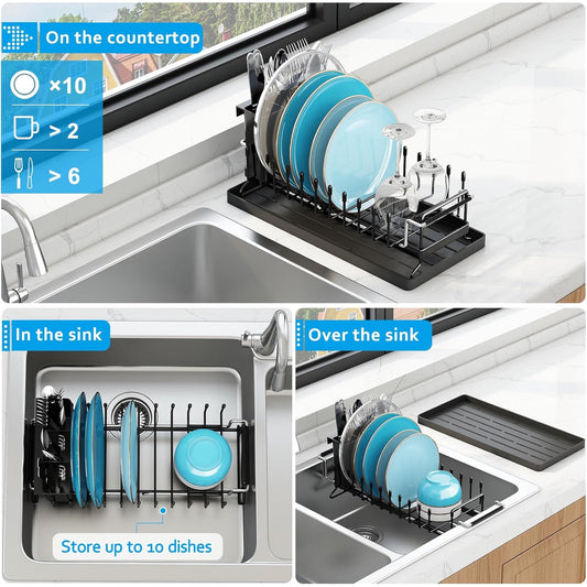 Sink Dish Drying Rack - Expandable Small Dish Rack Over Sinks with Silicone Drying Tray, Dish Drainer for Kitchen Counter with Cutlery Holder, Drying Rack Fit for 14’’-19’’ Kitchen Sink