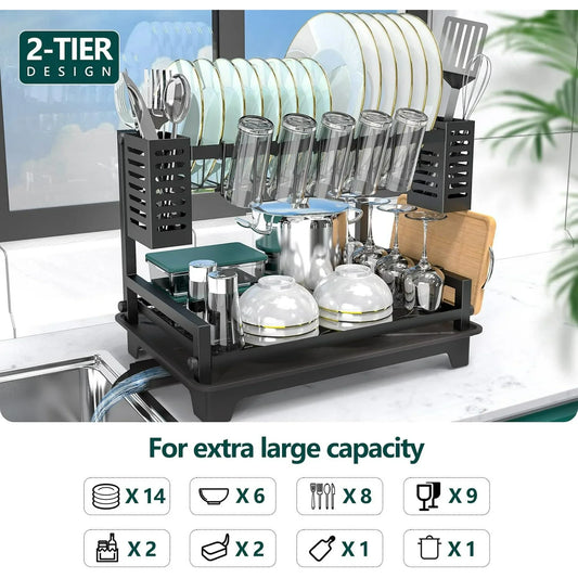 Dish Drying Rack: 2 Tier Dish Racks for Kitchen Counter and Sink - Large Dish Drying Rack with Drainboard & Utensil Holders - Stainless Steel Dish Drainers Kitchen Organization and Storage