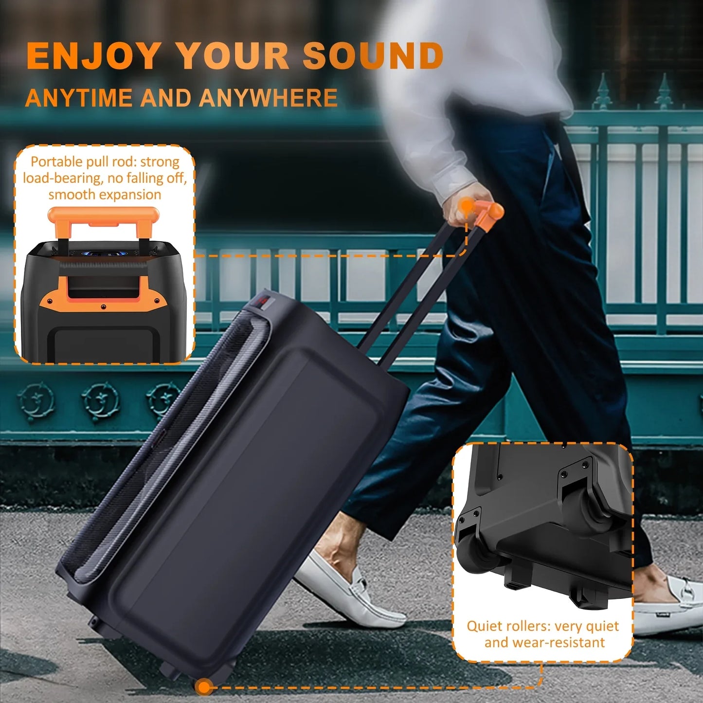 FanFun Large Bluetooth Speaker, 23.82" Big Party Speaker with Wheels, Trolley Bar, DJ Light, 500W Peak Power, Deep Bass Portable Outdoor Speaker System with Karaoke Microphone, Usb, Aux in