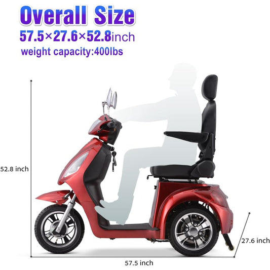 Super Large Electric 3 Wheel Mobility Scooters, Heavy Duty 800W Wheelchair Device, 500 LBS Capacity for Seniors Adults, Speed Adjust, Remote Key, Receive Ready to Ride.(Red)