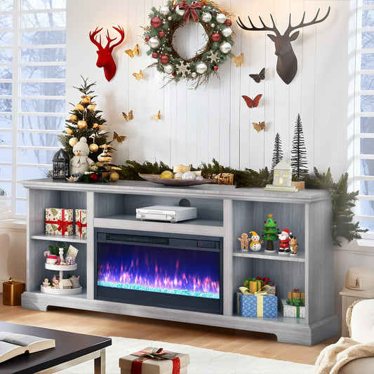 IMKHK Fireplace TV Stand for TVs up to 60", Farmhouse TV Console Table with Storage Shelves and Remote Control, Media Entertainment Center with 23" Electric Fireplace for Living Room Bedroom, Gray