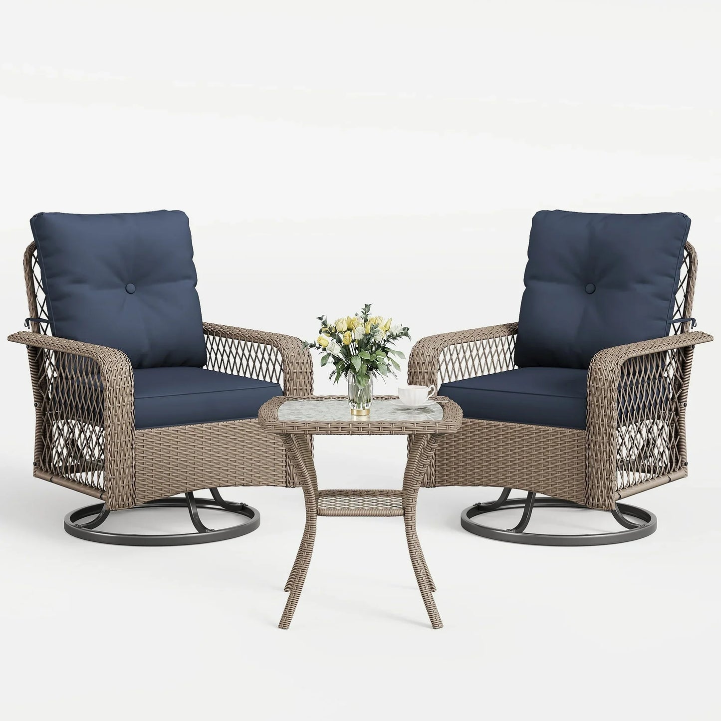 UDPATIO 3 Pieces Patio Furniture Set, Outdoor Swivel Gliders Rocker, Wicker Patio Bistro Set with Rattan Rocking Chair, Glass Top Side Table and Thickened Cushions for Porch Deck Backyard (Blue)