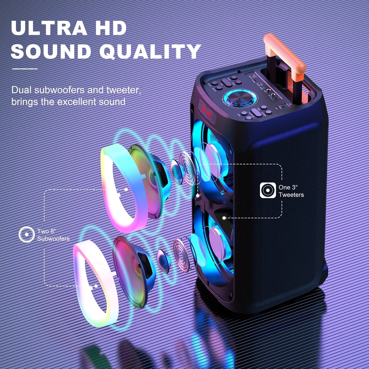 FanFun Large Party Speaker, 8" Big Bluetooth Party Speaker with 500W Peak Power, PA System with LED Disco Light, Rolling Wheels and Trolley, Perfect for Outdoor Home