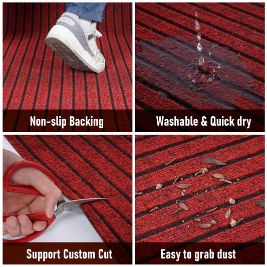 OVYEOFR Commercial Floor Mat, 3ft x 10ft Stripe Non-slip Doormat Carpet with Rubber Backing, Indoor Outdoor Runner Rug for Hallway Kitchen Entryway, Red