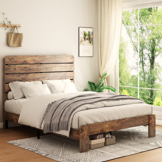 PAPROOS Full Size Bed Frame, Rustic Wood Platform Bed with Headboard, Modern Farmhouse Style Full Bed Frame No Box Spring Needed, Dark Brown