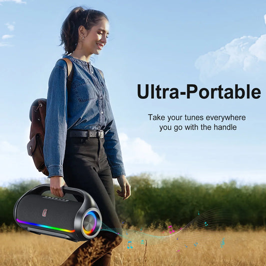 FanFun Waterproof Bluetooth Speaker with DJ Lights, Deep Bass Waterproof Portable Speaker with 2 Wireless Karaoke Microphones, Subwoofer/Tweeter, Outdoor Speaker for Pool Beach Party, D20-T