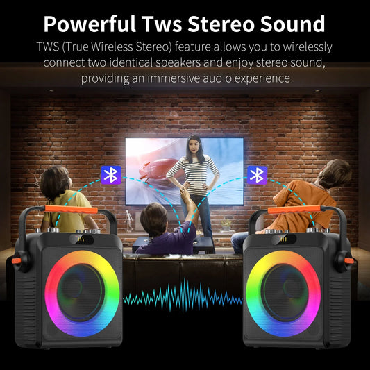 FanFun Bluetooth Speaker, 20W Stereo Sound Party Speaker with DJ Lights, Powerful Deep Bass Outdoor Speaker with 2 Microphones, Portable Speaker with Hands, Shoulder Straps