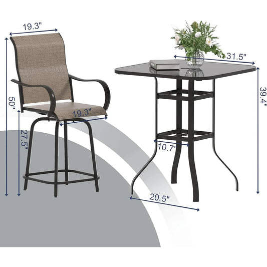 UDPATIO Outdoor Bar Height Set of 3, Patio Swivel High Back Bar Stools Chairs with Bar Table for Backyard, Lawn, Balcony and Pool