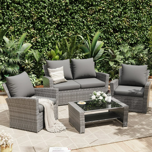 UDPATIO Wicker Patio Furniture Set, 4 Piece Outdoor Sectional Conversation Sets, Gray PE Rattan Patio Sofa Set for Balcony, Porch, Backyard, Grey