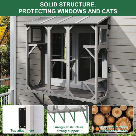 PETSCOSSET Cat Catio, Expandable Window Box Enclosure for Multiple Indoor Cats, Comfortable Wooden Small Pet Perch House