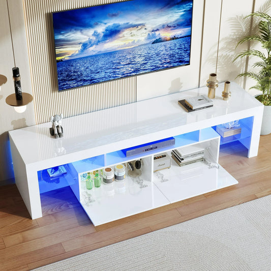 PAPROOS TV Stand for TVs up to 70", High Gloss TV Cabinet with LED Light, Modern TV Console Table with Storage Drawers, Media Television Stand Entertainment Center, White