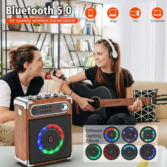 FanFun Bluetooth Speaker with Lights, 12H Playing Time Portable Speaker with Subwoofer/Tweeter, PA System Speaker with Two Wireless Microphones for Home Party, Brown