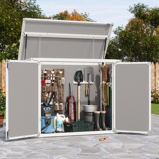 UDPATIO Outdoor Horizontal Storage Shed, 41 cu.ft Weatherproof Resin Storage Shed with Floor, for Trash Can Storage, Tools, Lawn Mower, for Patio, Grey