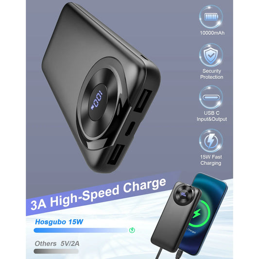 Portable Charger, 10000mAh Power Bank with LED Display, High-Speed Charging with Built in Cable 5V/3A Slim Battery Pack, USB-C in&Out Powerbank Travel Must Haves Compatible with iPhone/Android/Tablet