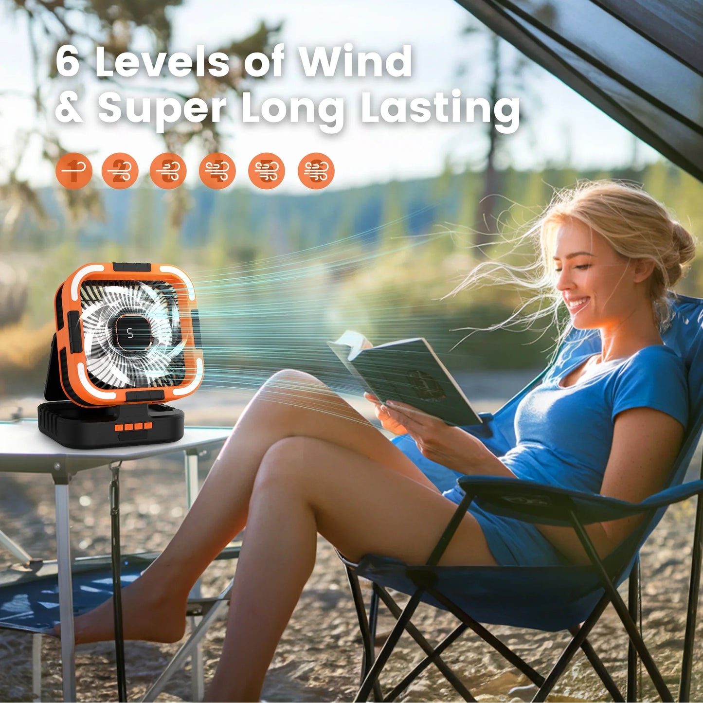Solar Camping Fan, 10000mAh Rechargeable Battery Portable Fans with LED Light, 6 Speeds Powerful Wind and 4 Timer Oscillating Fan, for Picnic, Fishing