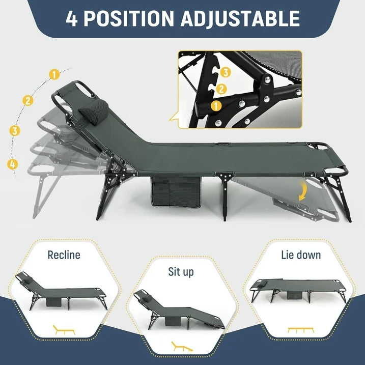 GVDV Portable Folding Camping Cot 2 Sided Comfort Mattress Pillow, Multi Position Folding Lounge Chair, Oversized Folding Bed Cot for Outdoor, Home, Office