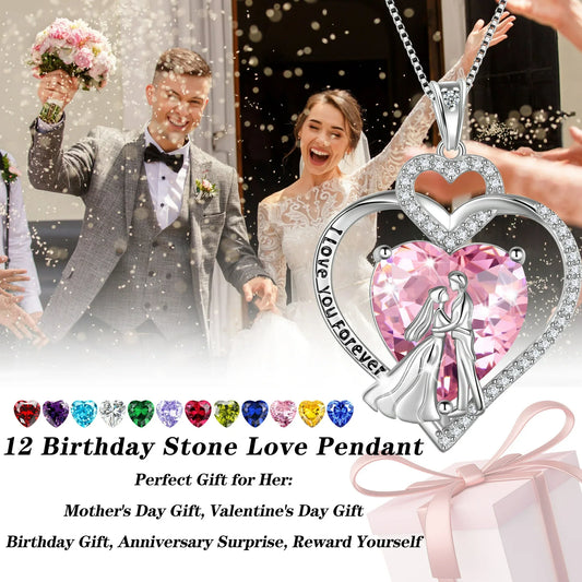 Juwaliy Couple Necklace Heart February Birthstone 925 Sterling Silver Pendant Purple Amethyst Women Jewelry Valentine's Day Gift for Wife Girlfriend