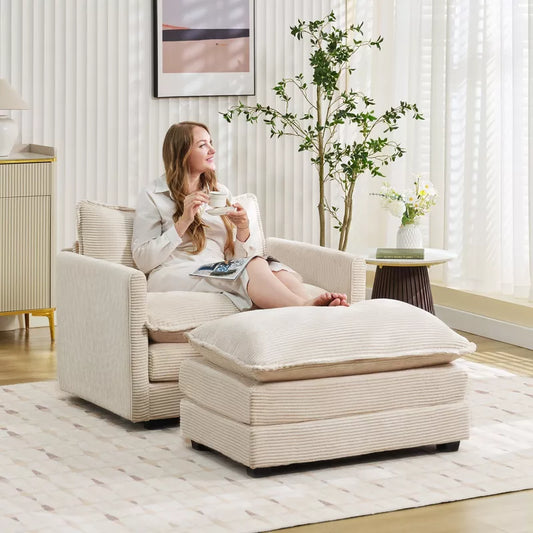 Hyleory Modern Corduroy Fabric Upholstered Accent Chair with Ottoman in