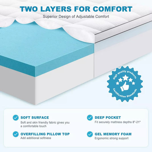 HYLEORY Dual Layer 4 Inch Memory Foam Mattress Topper, 2 Inch Gel Memory Foam and 2 Inch Cooling Pillow