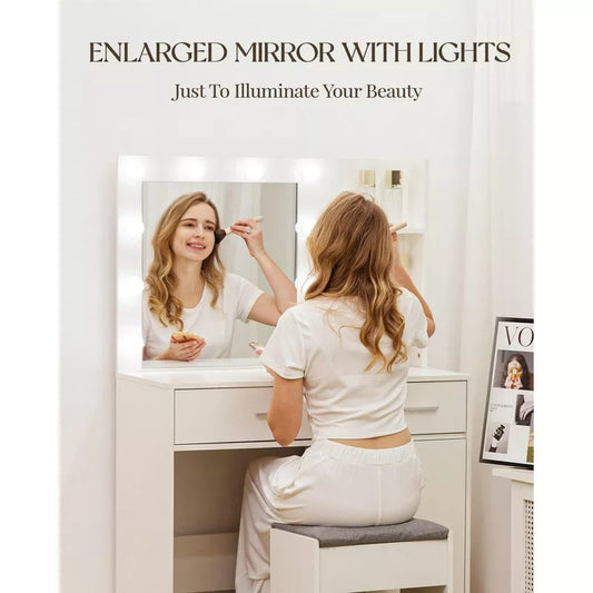 HYLEORY Vanity Desk with Mirror, Power Outlet and 10 Lights, Makeup Table with 3 Drawers,3 Color Modes Available for Bedroom