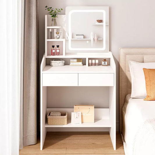 Vanity Desk Set with Square Mirror and Light Small Vanity Tale with Drawers