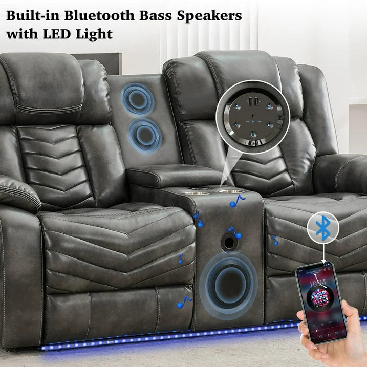 Othniel Manual Recliner Sofa Set 5-Seater with Bass Speaker,Wireless Charger,LED Light Gray