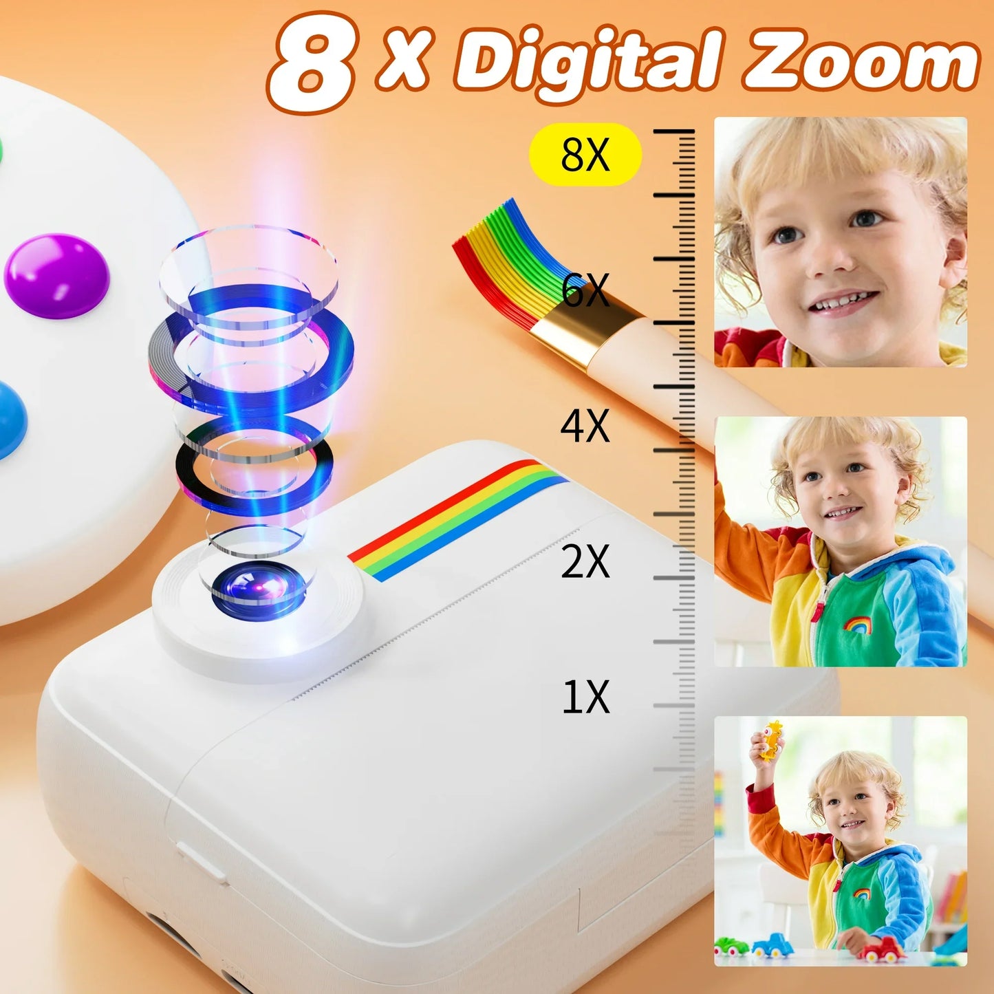 Pink Touch Kids Camera Instant Print, Dual Lens Children Selfie Camera, Christmas Birthday Gift Toy for Boys and Girls, Portable Travel Camera Toy, HD 1080P Kids Camera with SD Card - White