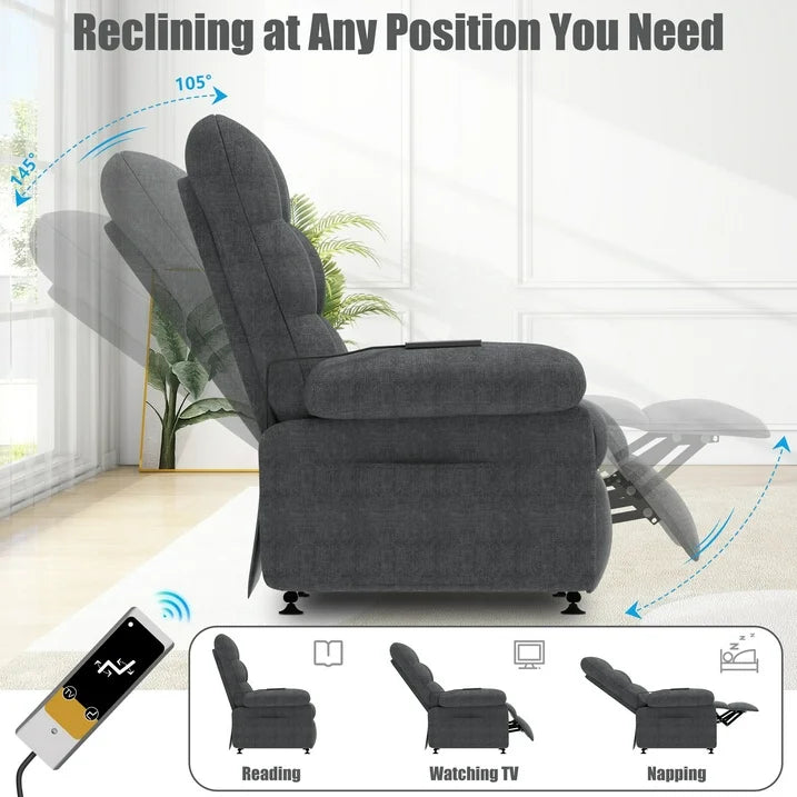 Electric Recliner Chair, Elderly Sofa with Side Pocket and Spacious Seat, Back adjustment from 105°to 145°, Remote Control, Heavy Duty Reclining Mechanism Recliner for Home, Gray