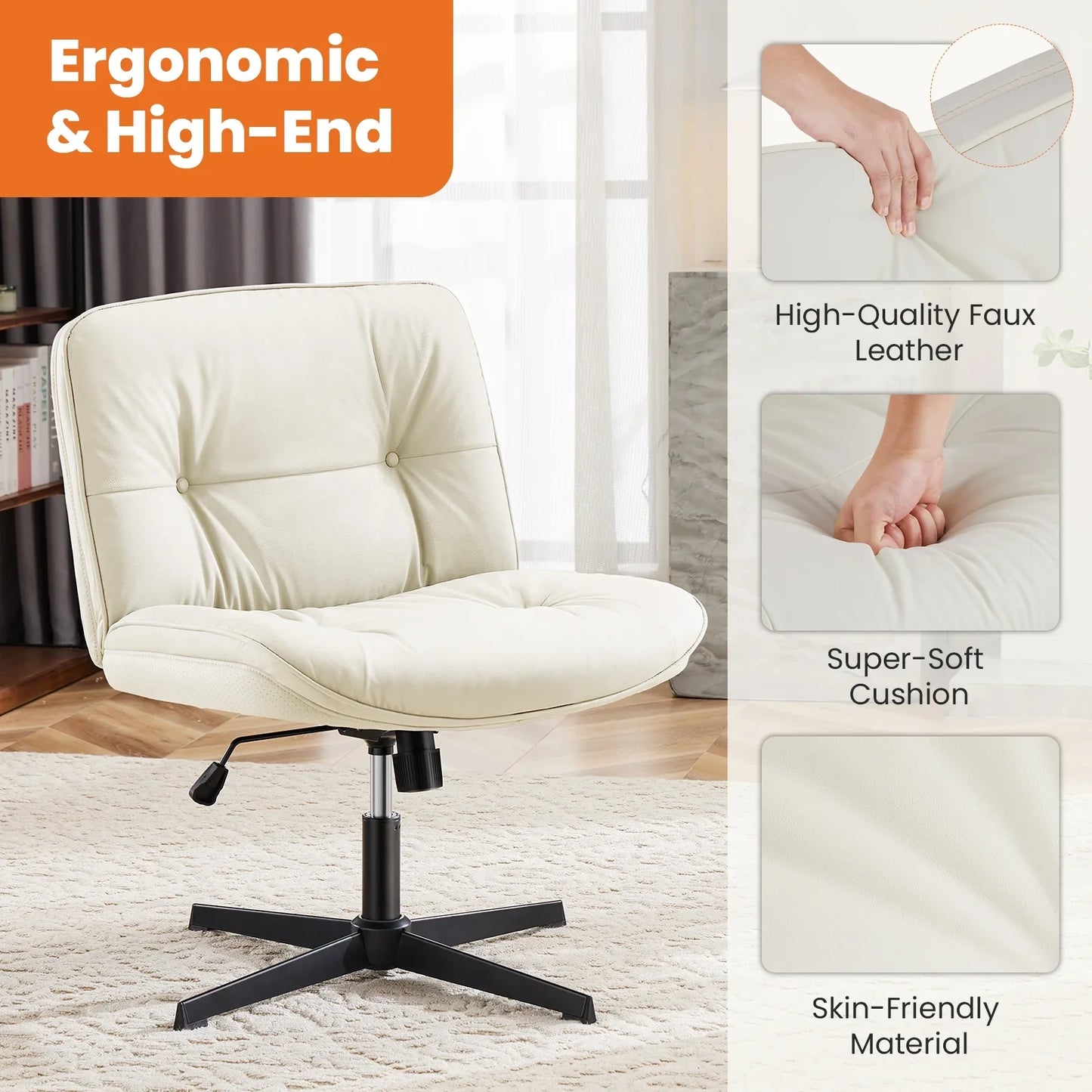 EDX Armless Office Fixed Chair, Wide Ergonomic Artificial Leather Swivel Chair with Height Adjustable, Comfortable Computer Accent Chair for Living or Bed Room, Beige