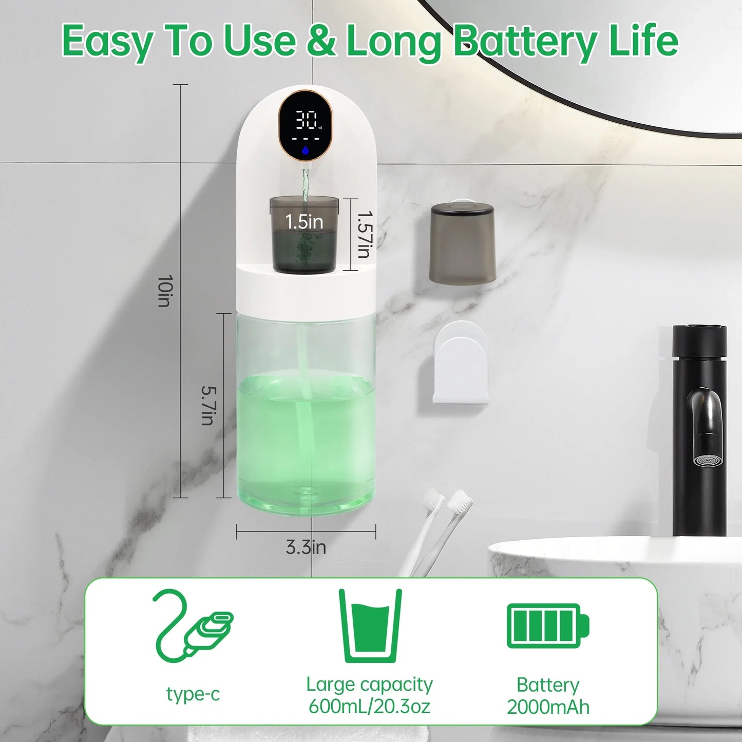 Automatic Mouthwash Dispenser,21Oz/600ml 2025 New Power System 2000mAH 180 Battery life for Kitchen Bathroom Accessories