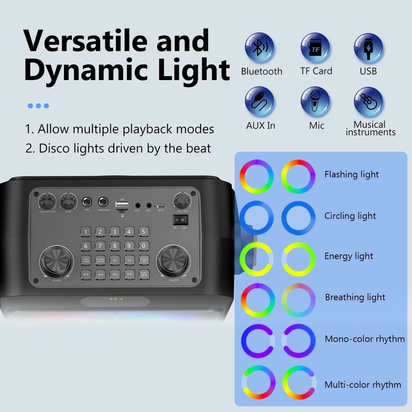 FanFun Bluetooth Speaker, 20W Stereo Sound Party Speaker with DJ Lights, Powerful Deep Bass Outdoor Speaker with 2 Microphones, Portable Speaker with Hands, Shoulder Straps