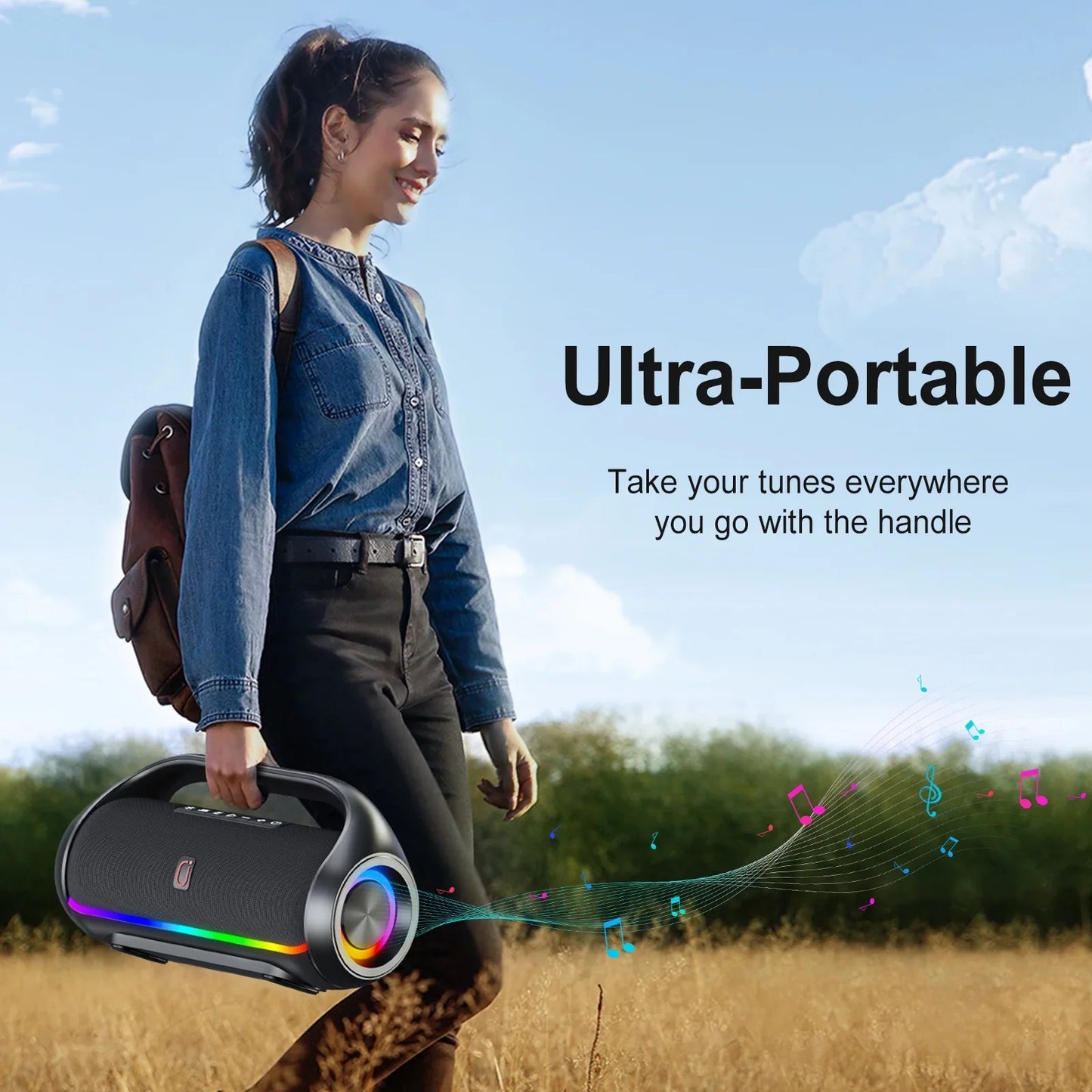 FanFun Waterproof Bluetooth Speaker, Stereo Sound Deep Bass Portable Speaker with Dynamic RGB Light Show, Outdoor Speaker for Pool Beach Party