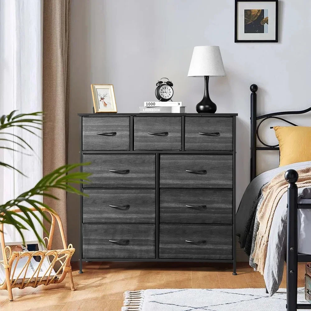PAPROOS Fabric Dressers for Bedroom, 9 Drawer, Black Wood Grain