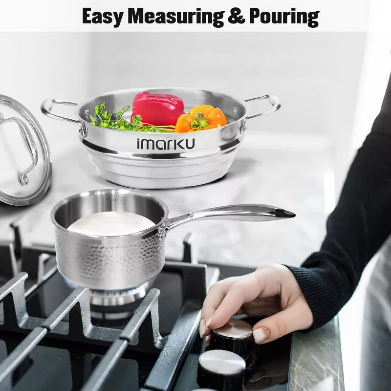 imarku Pots and Pans Set, 14 PCS Cooking Utensils Set,Tri-Ply Clad Stainless Steel with Hangered Handle and Lids, Dishwasher Safe