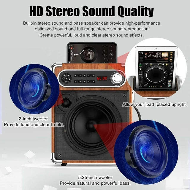 FanFun Bluetooth Speaker with Lights, 12H Playing Time Portable Speaker with Subwoofer/Tweeter, PA System Speaker with Two Wireless Microphones for Home Party, Brown
