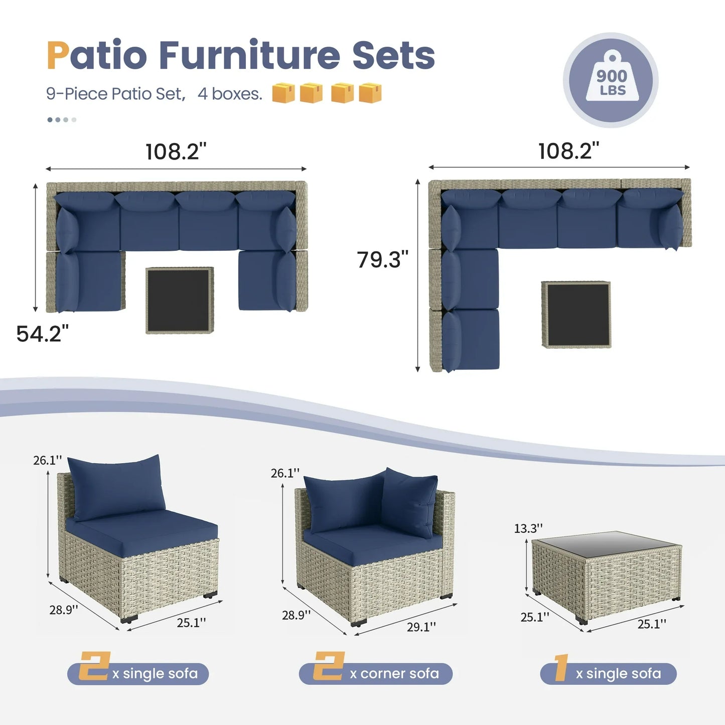 UDPATIO Patio Furniture Sets, Modular Rattan Outdoor Patio Sectional Furniture Sofa Set, Wicker Patio Conversation Set for Backyard